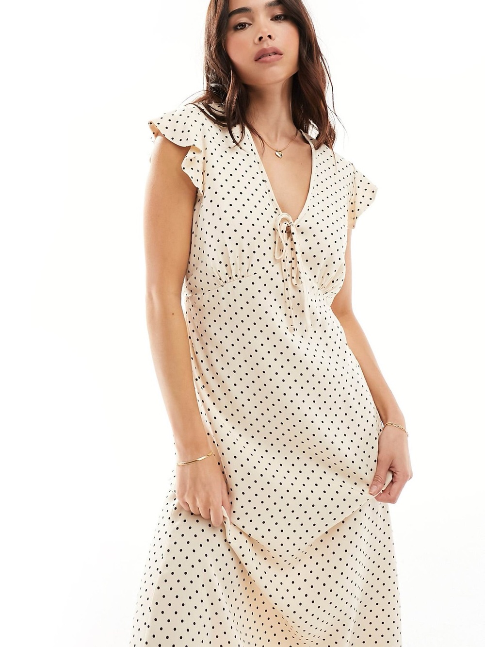 Nobody’s Child Lily Midi Dress Cream Spot Size 12 Polka Dot Flutter Sleeve Slip